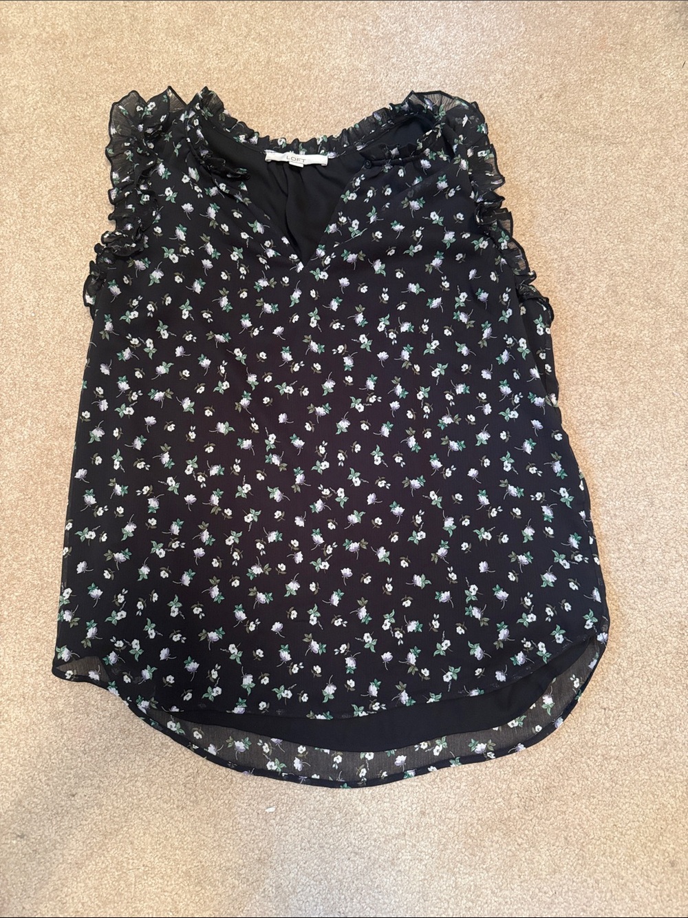 LOFT Black Floral Ruffled Cap-Sleeve V-Neck Camisole